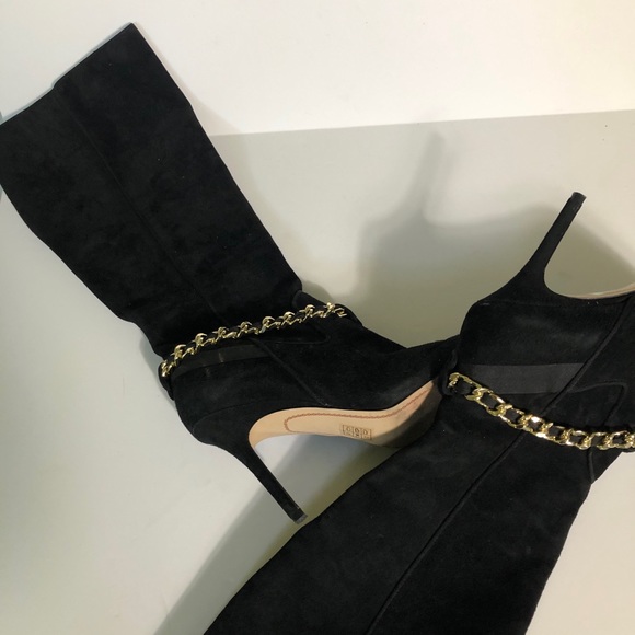 KARL LAGERFELD NWT Black leather suede boots gold chain details SIZE:8.5 - Picture 4 of 7